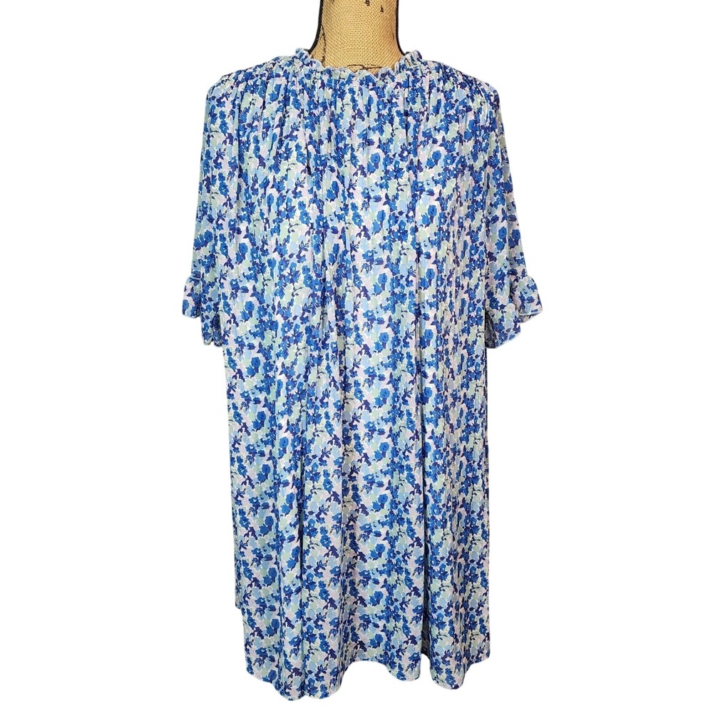 MELLODAY Size Large Blue Floral Pleated Chiffon Shift Dress Cottagecore Boho EUC
